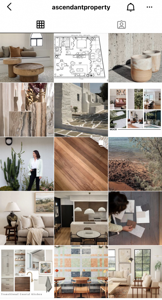 A beautiful instagram grid with lovely properties in neutral tones. Scattered in are images of the owner from a branding shoot done by edt Photography